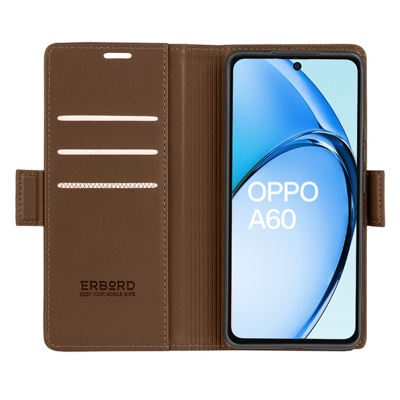 Case for Oppo A60, ERBORD Glossy Litchi, wallet with flap, brown