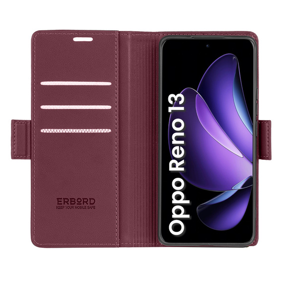 Case for Oppo Reno 13, ERBORD Glossy Litchi, wallet with flap, red