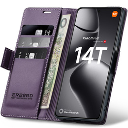 Case for Xiaomi 14T, ERBORD Glossy Litchi, wallet with flap, purple