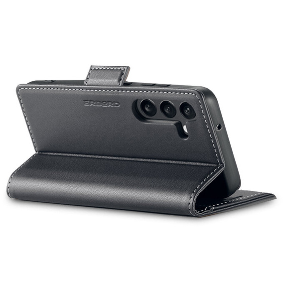 Case for Samsung Galaxy S24, ERBORD Glossy Litchi, wallet with flap, black