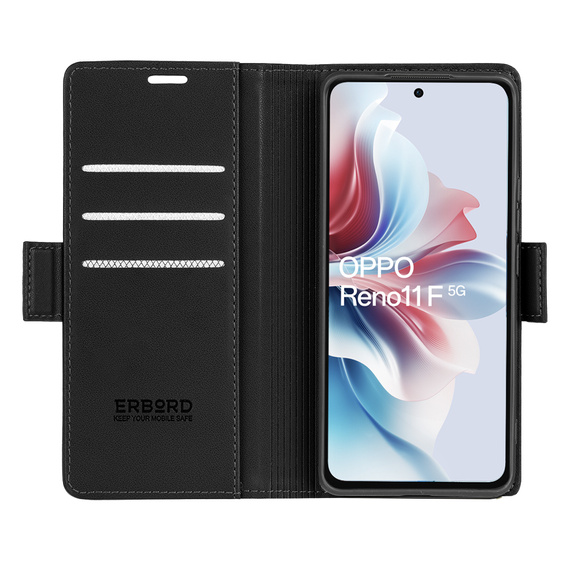 Case for Oppo Reno 11F, ERBORD Glossy Litchi, wallet with flap, black