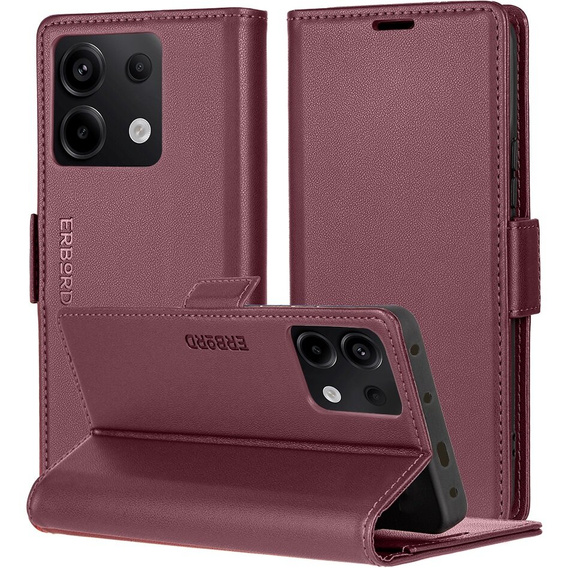 Case for Xiaomi Redmi Note 13 5G, ERBORD Glossy Litchi, wallet with flap, red