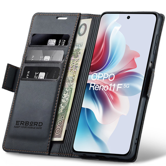 Case for Oppo Reno 11F, ERBORD Glossy Litchi, wallet with flap, black