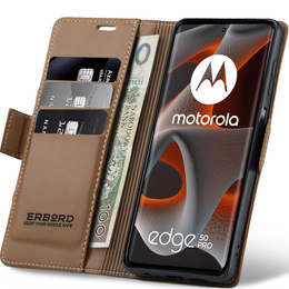 Case for Motorola Edge 50 Pro, ERBORD Glossy Litchi, wallet with flap, brown