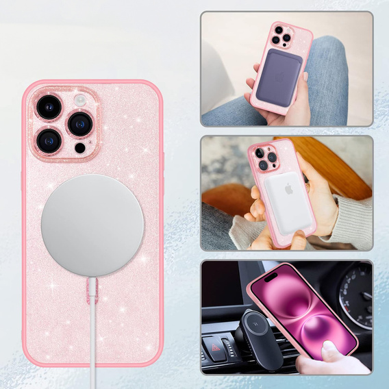 Etui do iPhone 16 Pro, ERBORD Glitter MagSafe, różowe + Szkło na ekran