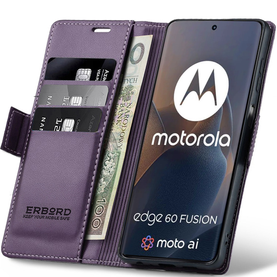 Case for Motorola Edge 60 / 60 Fusion, ERBORD Glossy Litchi, wallet with flap, purple