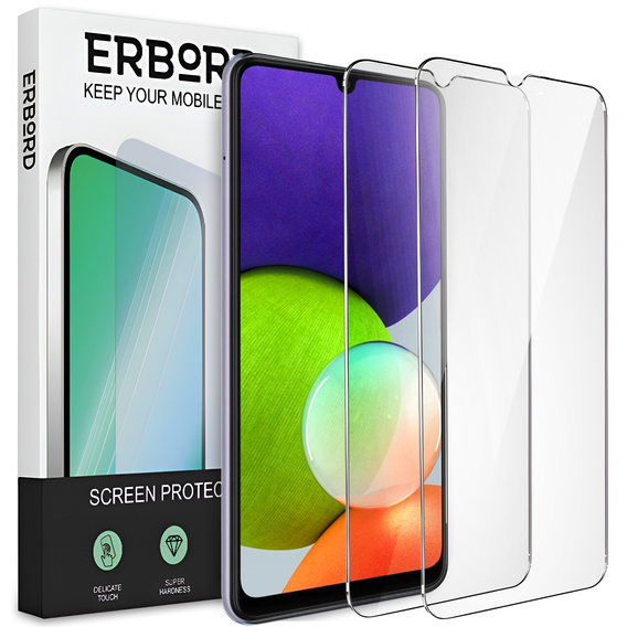 2x Tempered Glass for Samsung Galaxy A22 5G, ERBORD 9H Hard Glass for phone screen