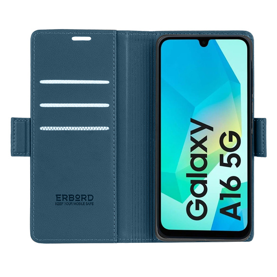 Case for Samsung Galaxy A16, ERBORD Glossy Litchi, wallet with flap, blue