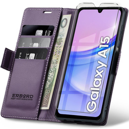 Case for Samsung Galaxy A15 4G / 5G, ERBORD Glossy Litchi, flip wallet + 9H Tempered Glass