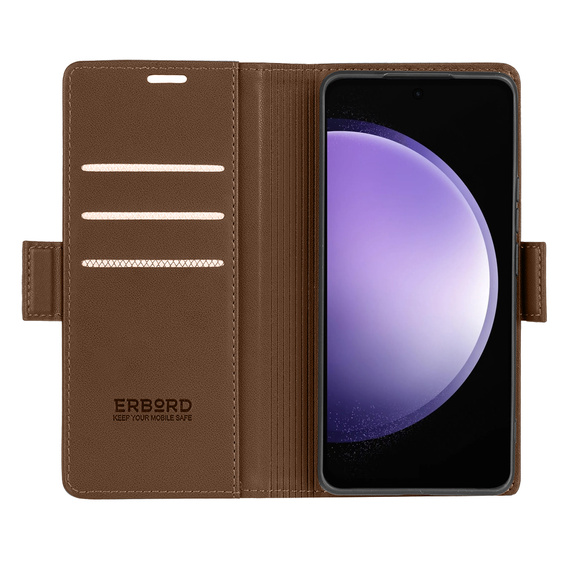 Case for Samsung Galaxy S23 FE, ERBORD Glossy Litchi, wallet with flap, brown