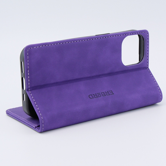 Etui do iPhone 15, ERBORD Vintage portfel z klapką, fioletowe