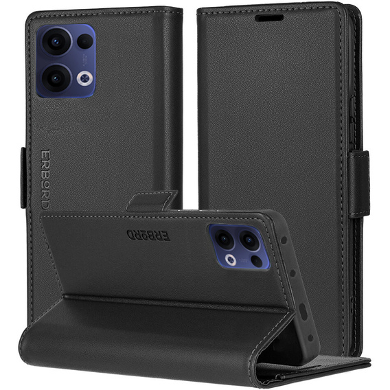 Case for Oppo Reno 13, ERBORD Glossy Litchi, wallet with flap, black