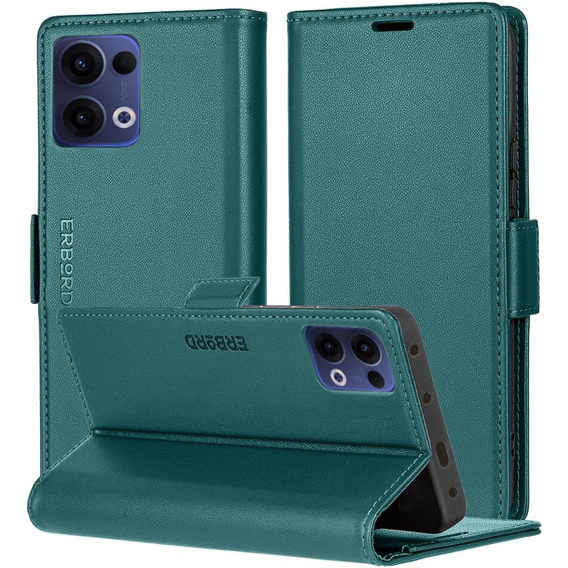 Case for Oppo Reno 13, ERBORD Glossy Litchi, wallet with flap, green