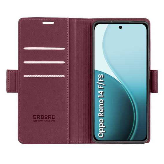 Case for Oppo Reno 14 F / 14 FS, ERBORD Glossy Litchi, wallet with flap, red