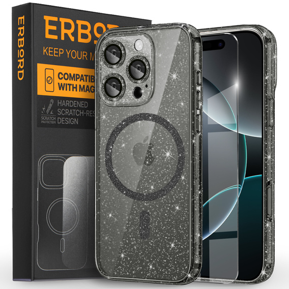 Etui do iPhone 16 Pro, ERBORD Glitter MagSafe, czarne + Szkło na ekran