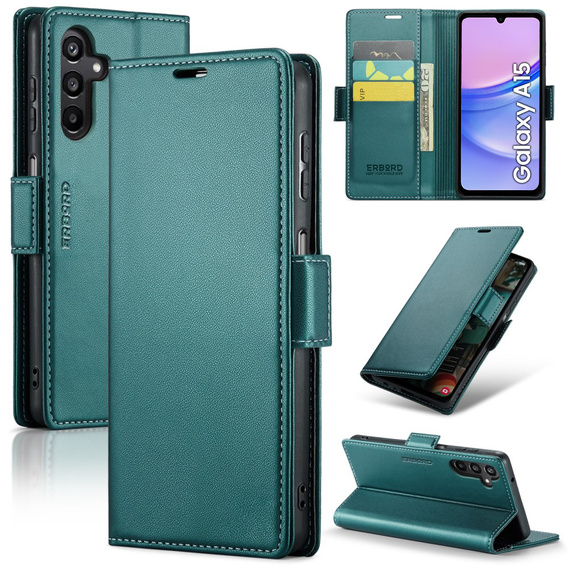 Case for Samsung Galaxy A15 4G / 5G, ERBORD Glossy Litchi, flip wallet + 9H Tempered Glass