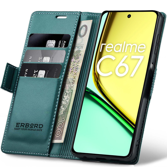 Etui do Realme C67 4G, ERBORD Glossy Litchi, portfel z klapką, zielone