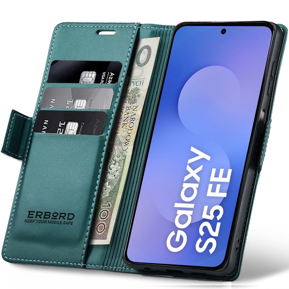 Case for Samsung Galaxy S25 FE, ERBORD Glossy Litchi, wallet with flap, green