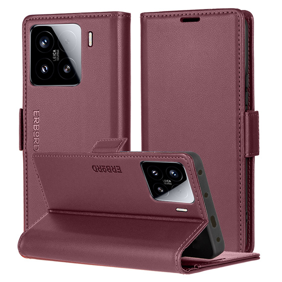 Case for Xiaomi 15, ERBORD Glossy Litchi, wallet with flap, red