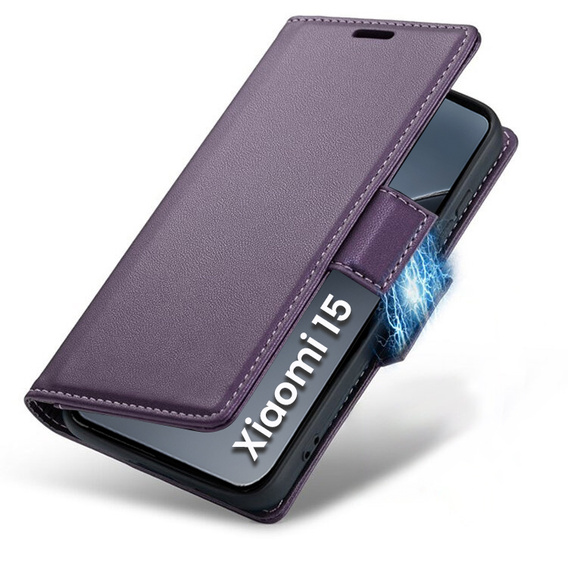 Case for Xiaomi 15, ERBORD Glossy Litchi, wallet with flap, purple