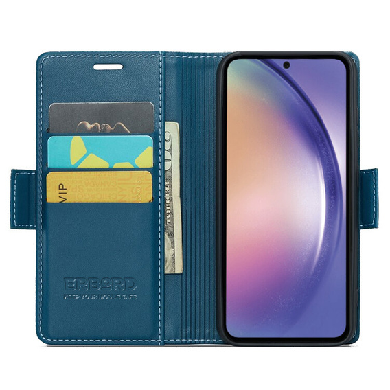 Case for Samsung Galaxy A55, ERBORD Glossy Litchi, wallet with flap, blue