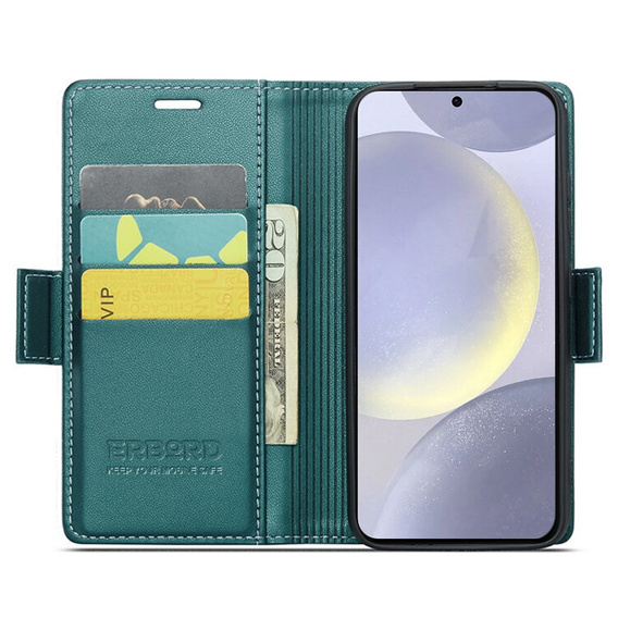 Case for Samsung Galaxy S24, ERBORD Glossy Litchi, wallet with flap, green