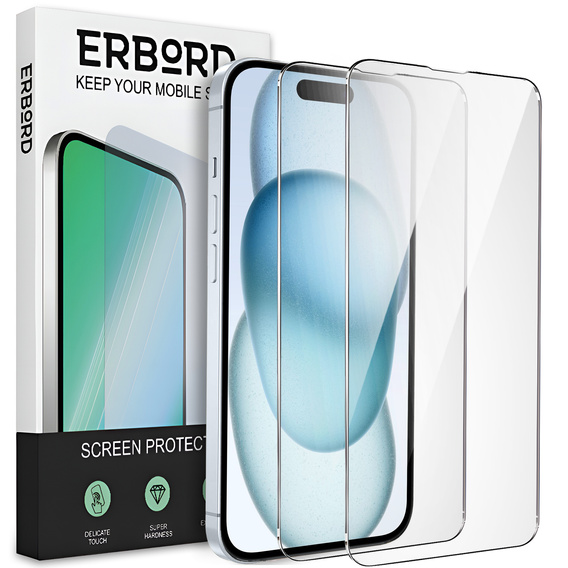 2x Tempered Glass for iPhone 15 Plus, ERBORD 9H Hard Glass for phone screen