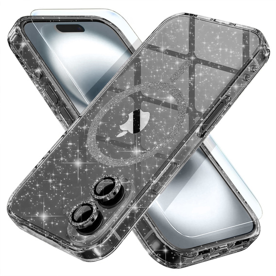 Case for iPhone 16, ERBORD Glitter MagSafe, black + Screen Glass