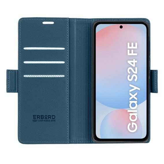 Case for Samsung Galaxy S24 FE, ERBORD Glossy Litchi, wallet with flap, blue