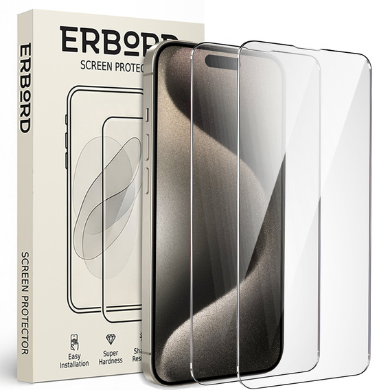 2x Szkło Hartowane do iPhone 15 Pro, ERBORD 9H Hard Glass, szybka