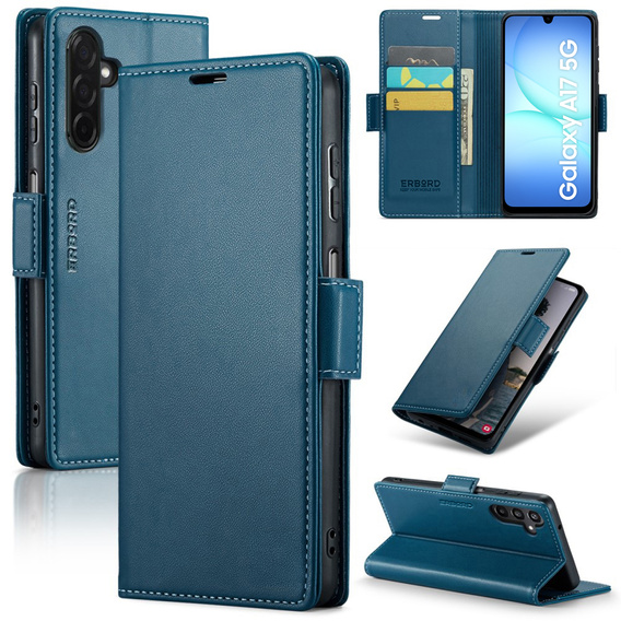 Case for Samsung Galaxy A17 5G, ERBORD Glossy Litchi, wallet with flap, blue