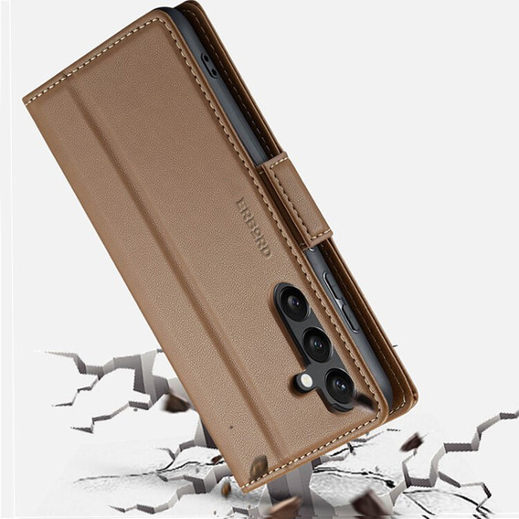 Case for Samsung Galaxy S24, ERBORD Glossy Litchi, wallet with flap, brown