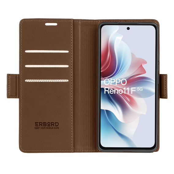 Case for Oppo Reno 11F, ERBORD Glossy Litchi, wallet with flap, brown