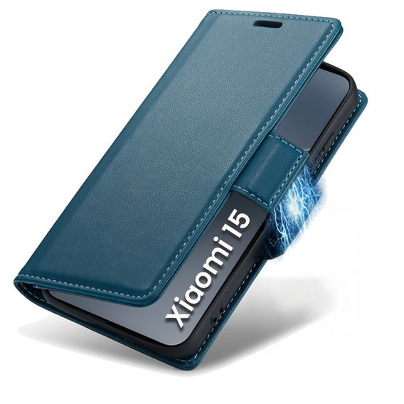 Case for Xiaomi 15, ERBORD Glossy Litchi, wallet with flap, blue