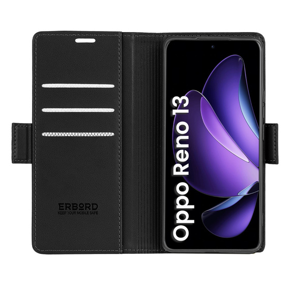Case for Oppo Reno 13, ERBORD Glossy Litchi, wallet with flap, black