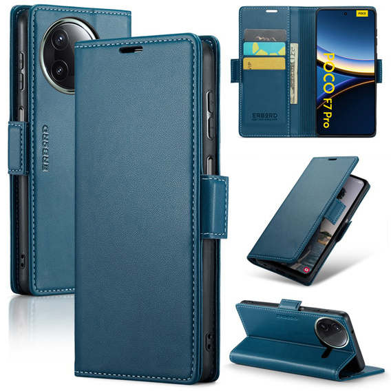 Case for Xiaomi Poco F7 Pro, ERBORD Glossy Litchi, wallet with flap, blue