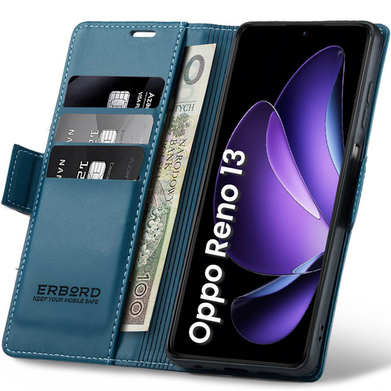 Case for Oppo Reno 13, ERBORD Glossy Litchi, wallet with flap, blue