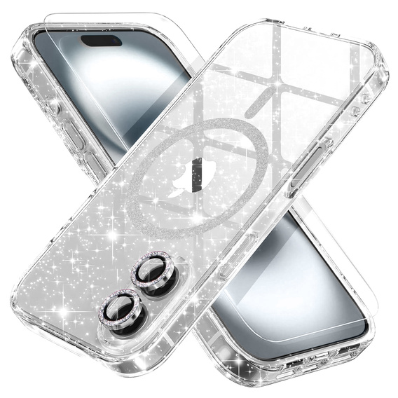 Case for iPhone 16, ERBORD Glitter MagSafe, transparent + Screen Glass