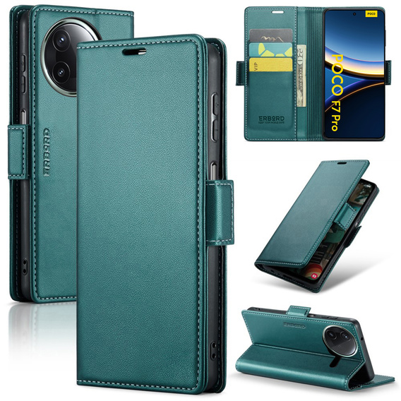 Etui do Xiaomi Poco F7 Pro, ERBORD Glossy Litchi, portfel z klapką, zielone