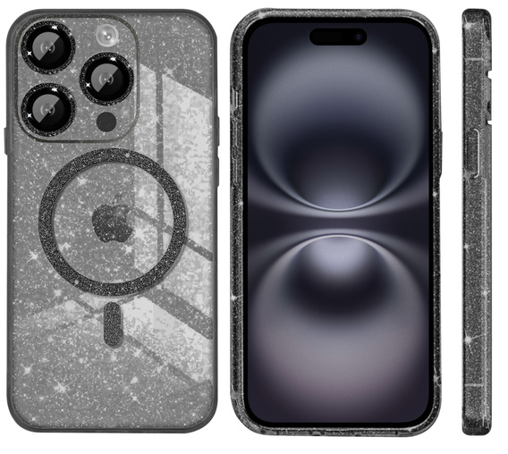 Etui do iPhone 16 Pro, ERBORD Glitter MagSafe, czarne + Szkło na ekran