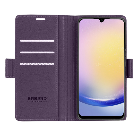 Case for Samsung Galaxy A25 5G, ERBORD Glossy Litchi, wallet with flap, purple