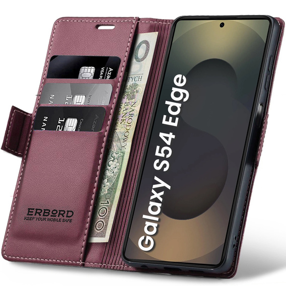 Case for Samsung Galaxy S25 Edge, ERBORD Glossy Litchi, wallet with flap, red