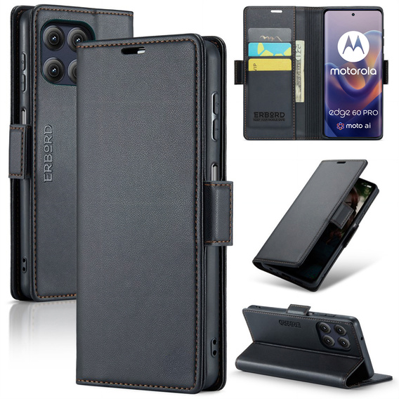 Etui do Motorola Edge 60 Pro, ERBORD Glossy Litchi, portfel z klapką, czarne