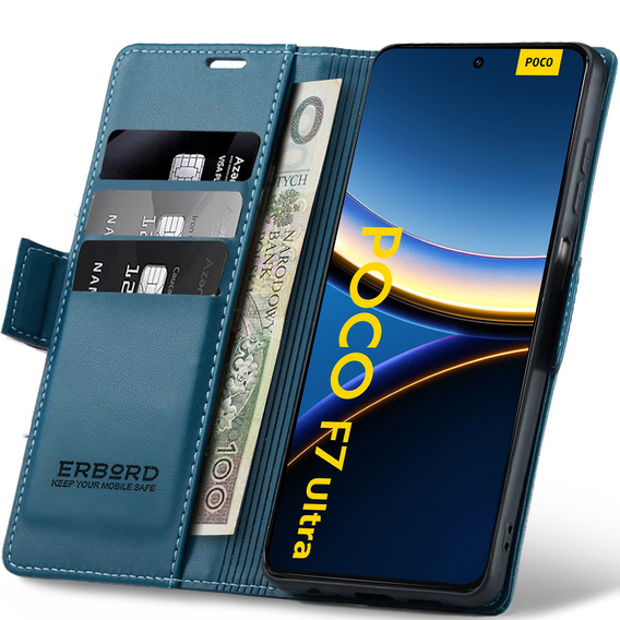 Etui do Xiaomi Poco F7 Ultra, ERBORD Glossy Litchi, portfel z klapką, niebieskie