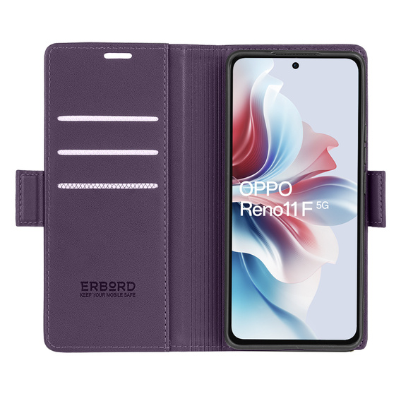 Case for Oppo Reno 11F, ERBORD Glossy Litchi, wallet with flap, purple