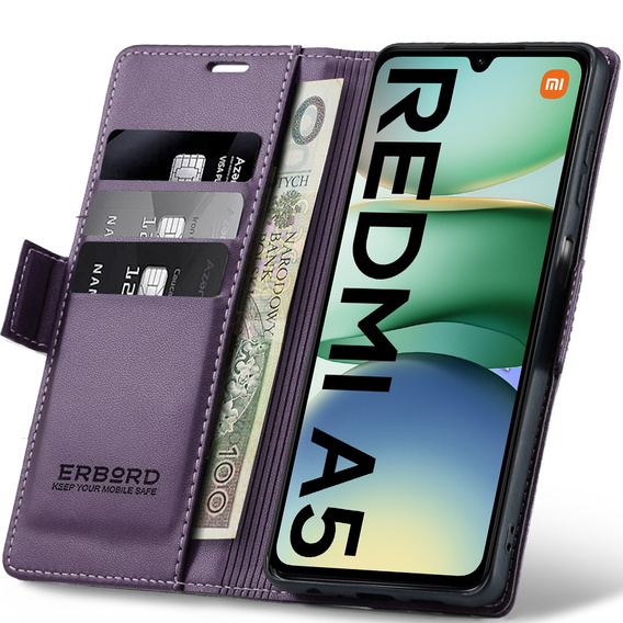 Etui do Xiaomi Redmi A5, ERBORD Glossy Litchi, portfel z klapką, fioletowe