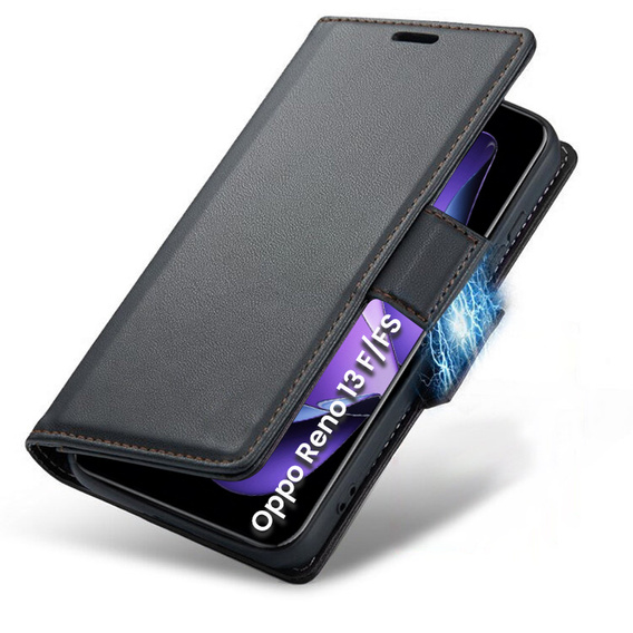 Case for Oppo Reno 13F / Oppo Reno 13FS, ERBORD Glossy Litchi, wallet with flap, black