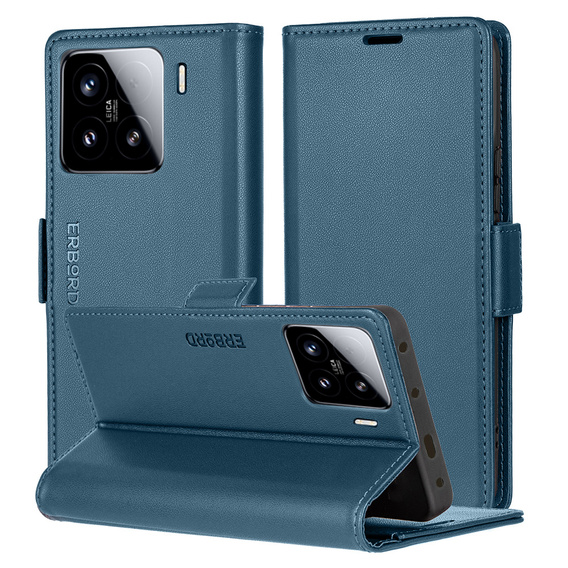 Case for Xiaomi 15, ERBORD Glossy Litchi, wallet with flap, blue