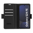 Case for Samsung Galaxy S24 FE, ERBORD Glossy Litchi, wallet with flap, black