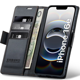 Case for Iphone 16E, ERBORD Glossy Litchi, wallet with flap, black